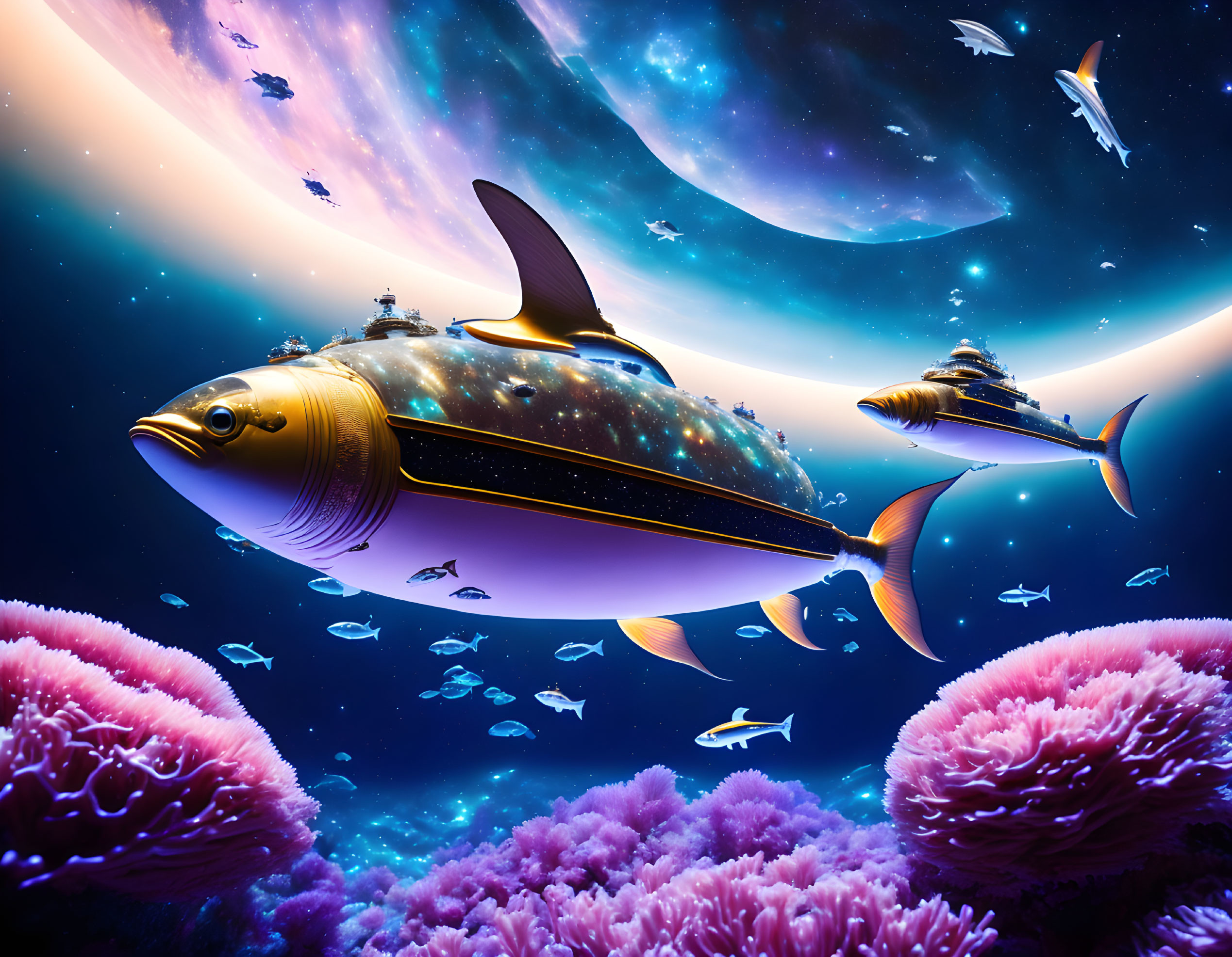 Colorful digital artwork: Spaceship-like fish in underwater scene with coral reef.