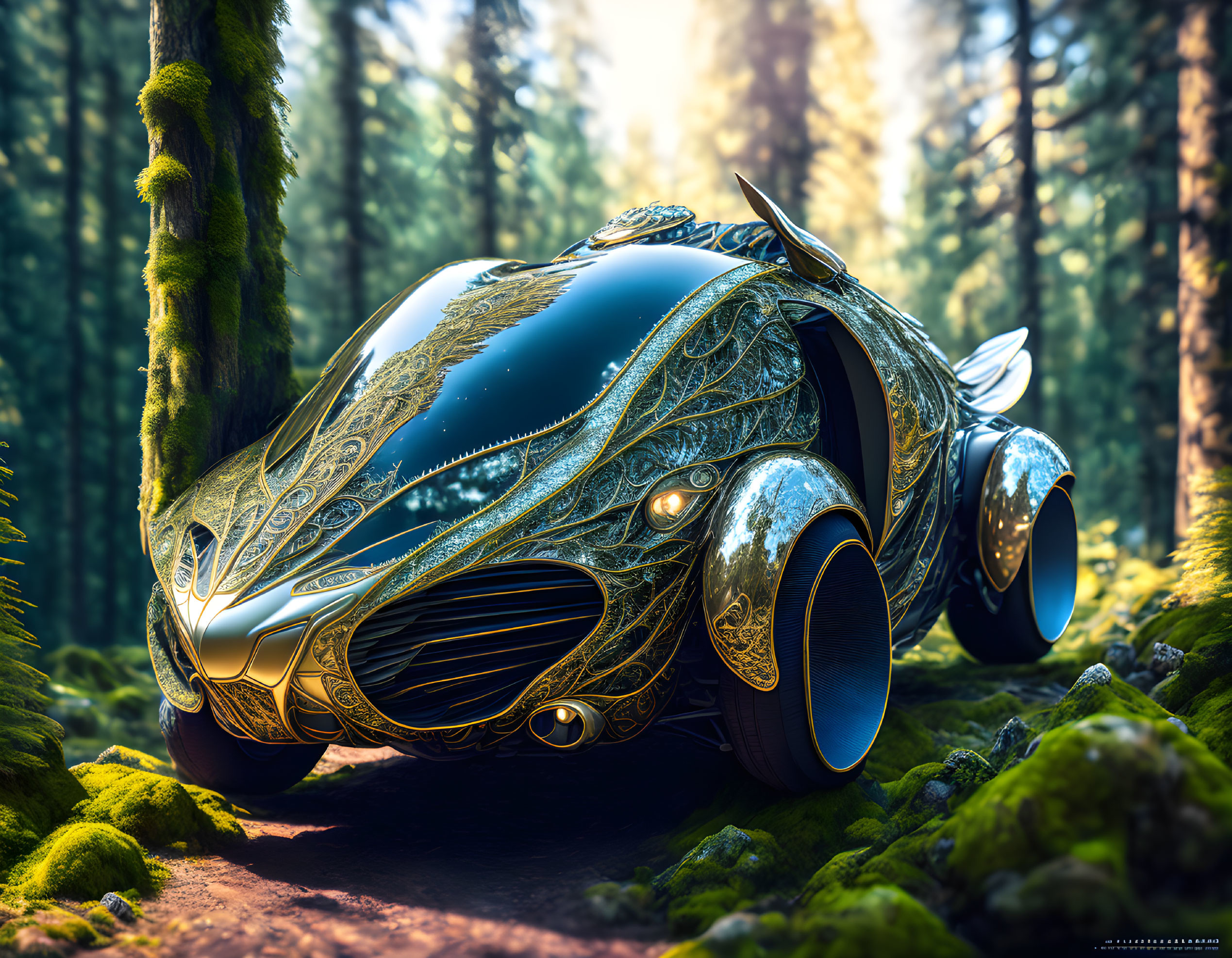 Futuristic ornate gold-detailed vehicle in lush forest landscape