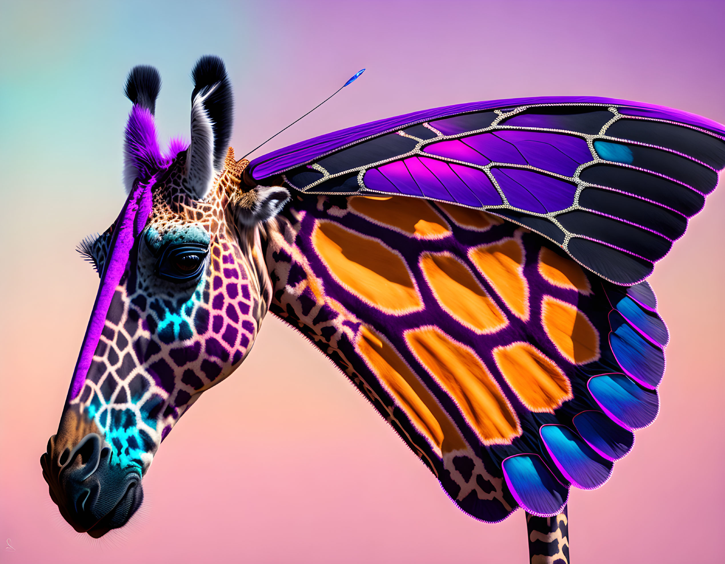 Surreal image: giraffe head and butterfly wings on gradient background