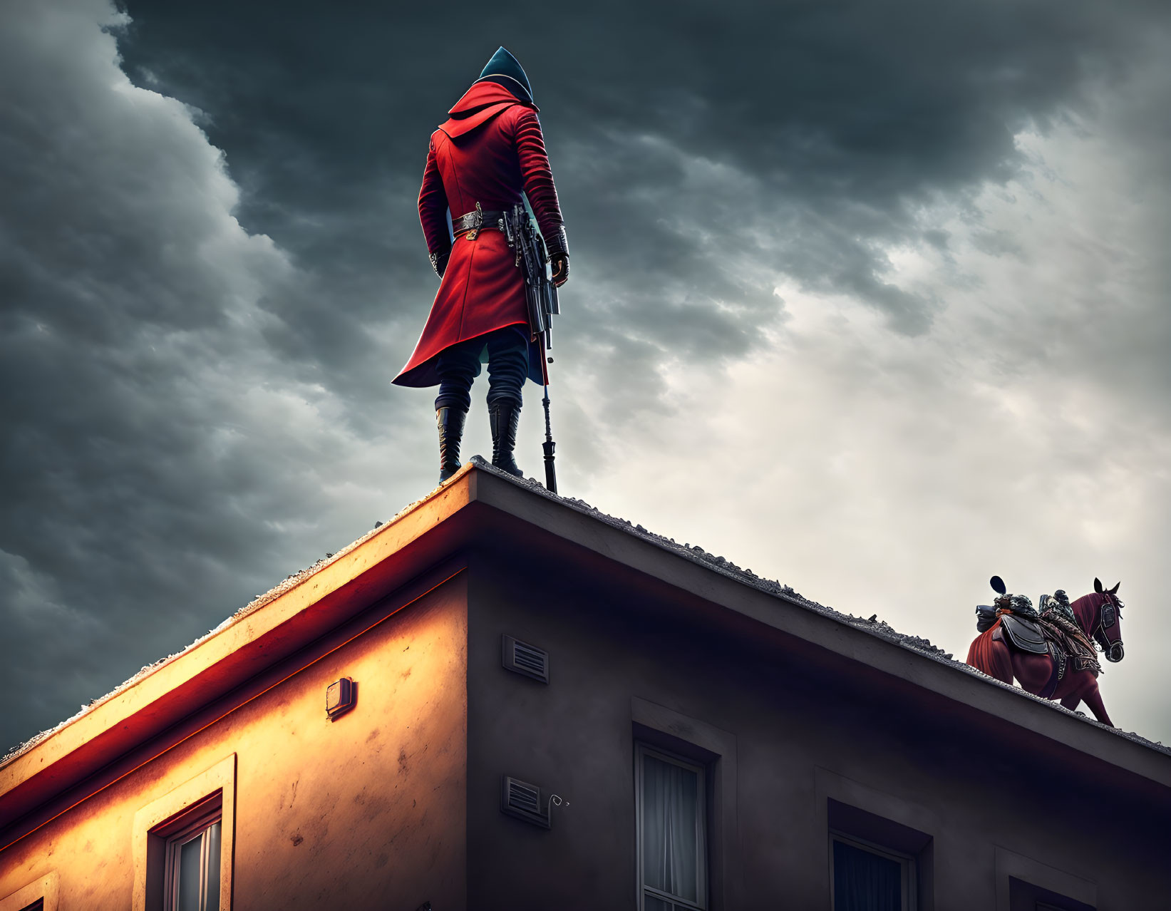 Person in red cloak standing on roof, gazing at stormy sky with horseback rider in background