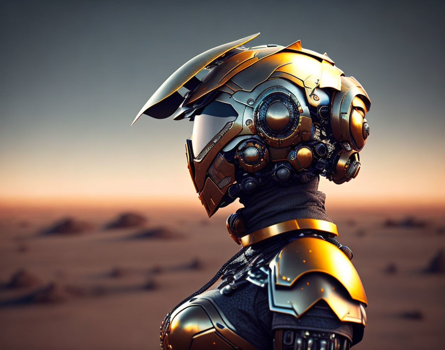 Golden futuristic helmet with intricate mechanical details in desert at dusk