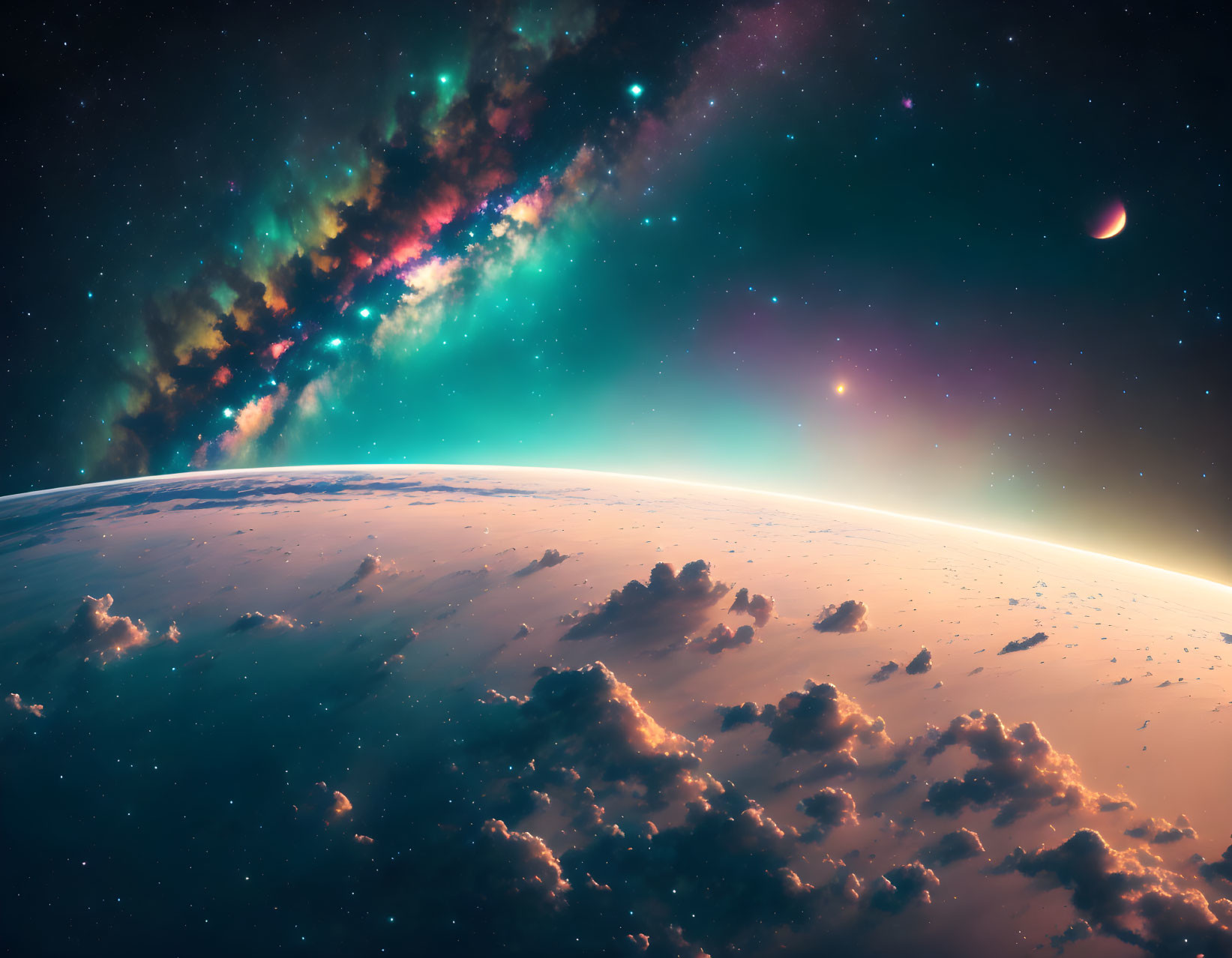 Colorful space scene with planet, nebula, stars, and moon