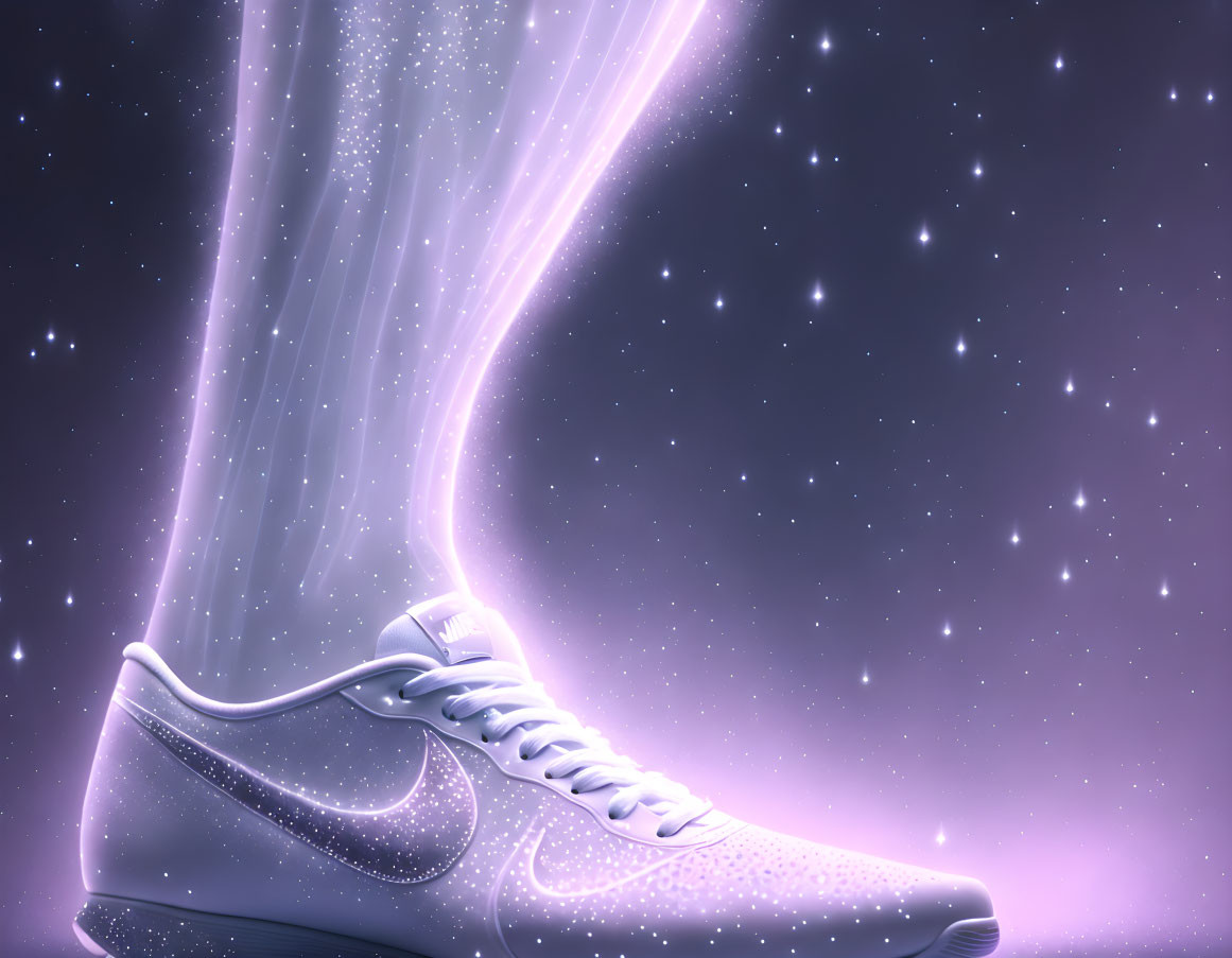 Sneaker with light beams on starry purple background