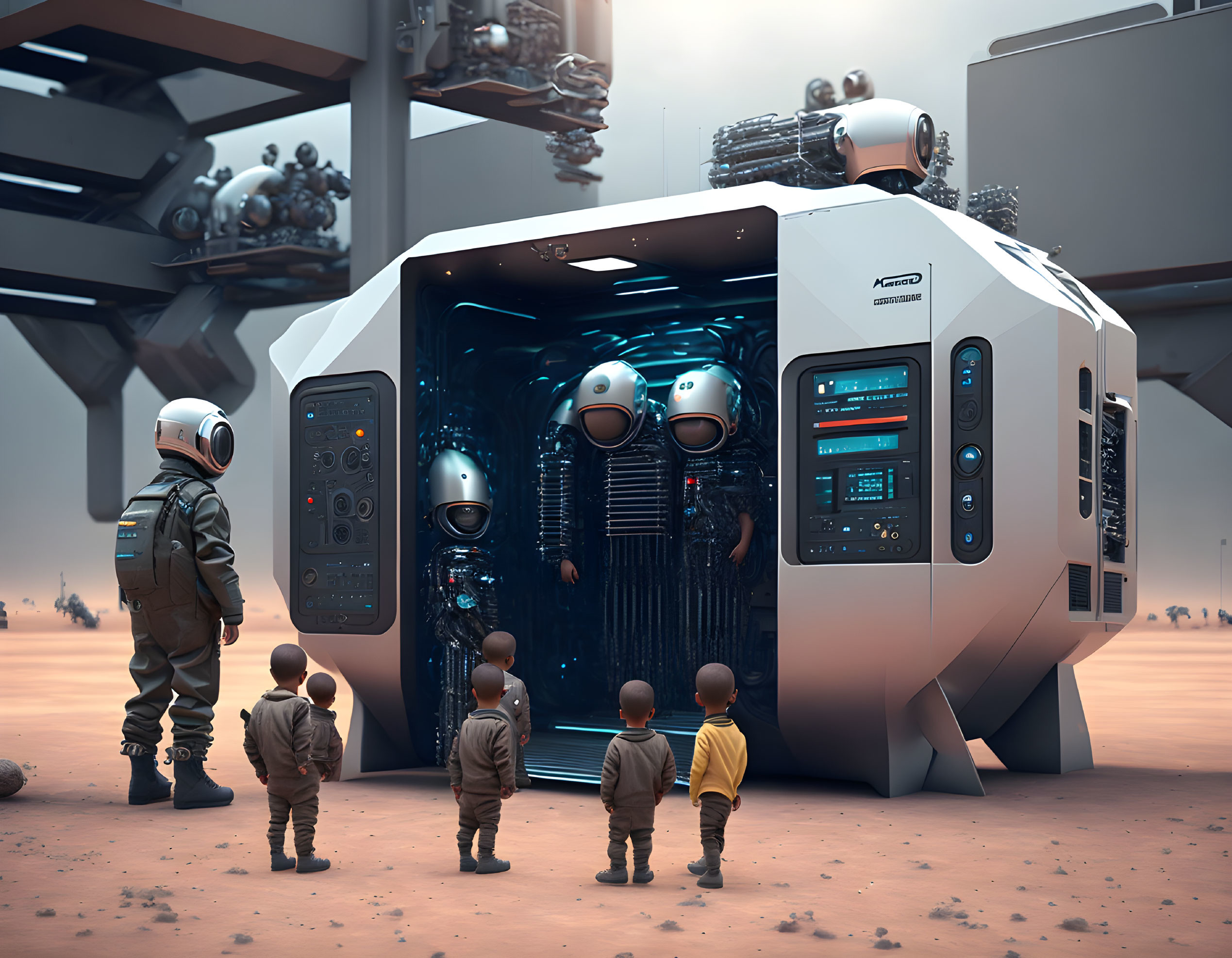 Futuristic family and robot machine in dystopian setting