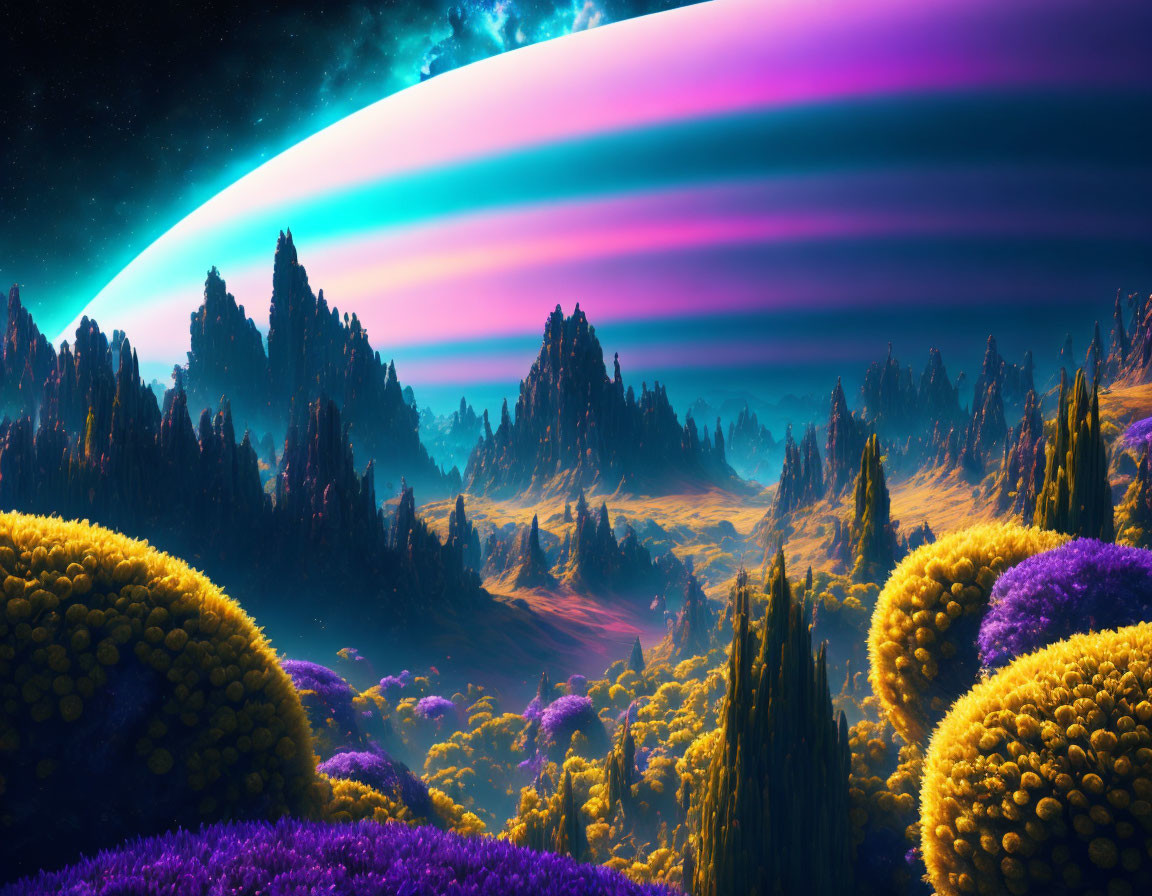 Colorful alien landscape with golden forests and purple foliage, featuring a large ringed planet.