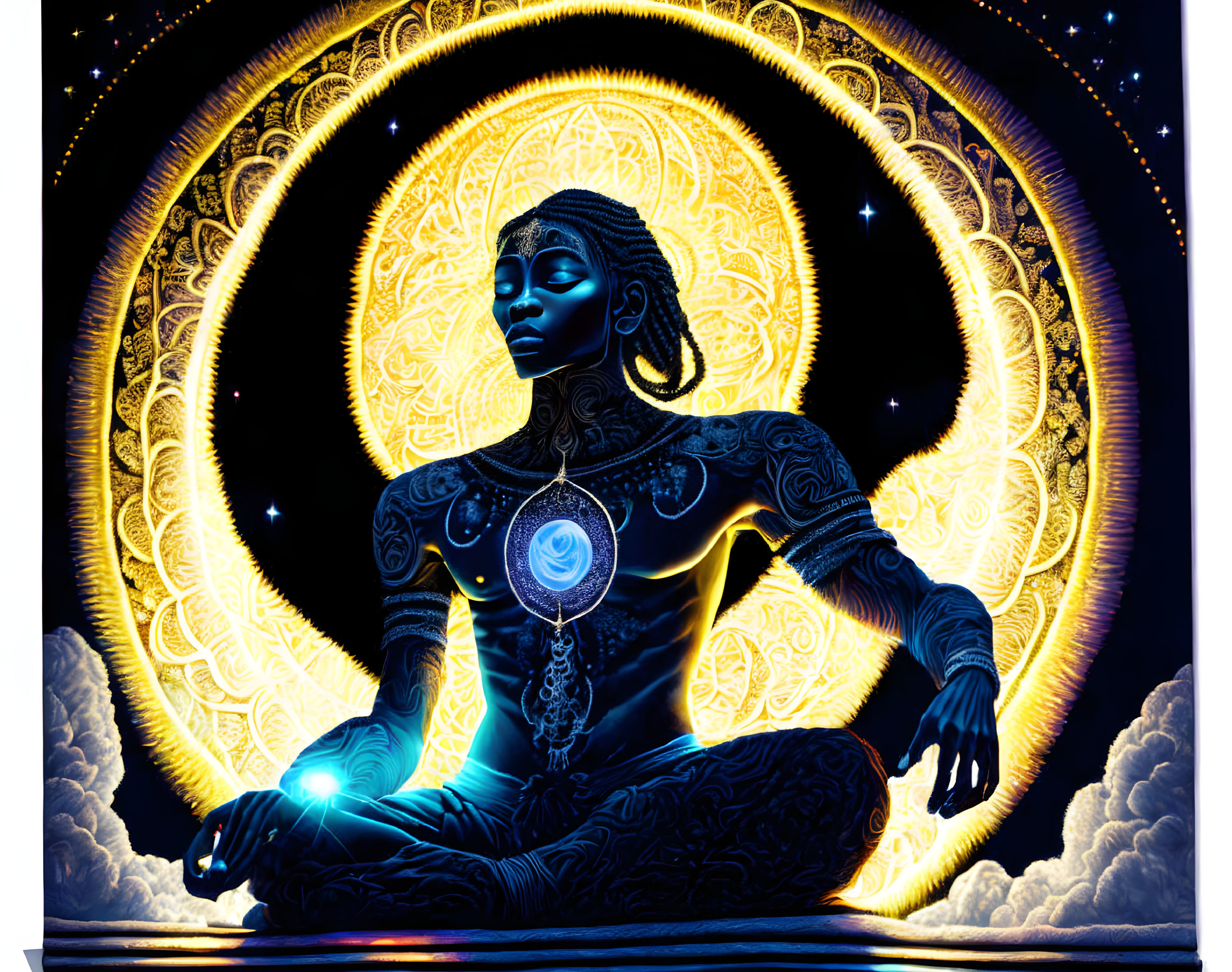 Digital artwork of person in meditative pose with blue skin in cosmic setting