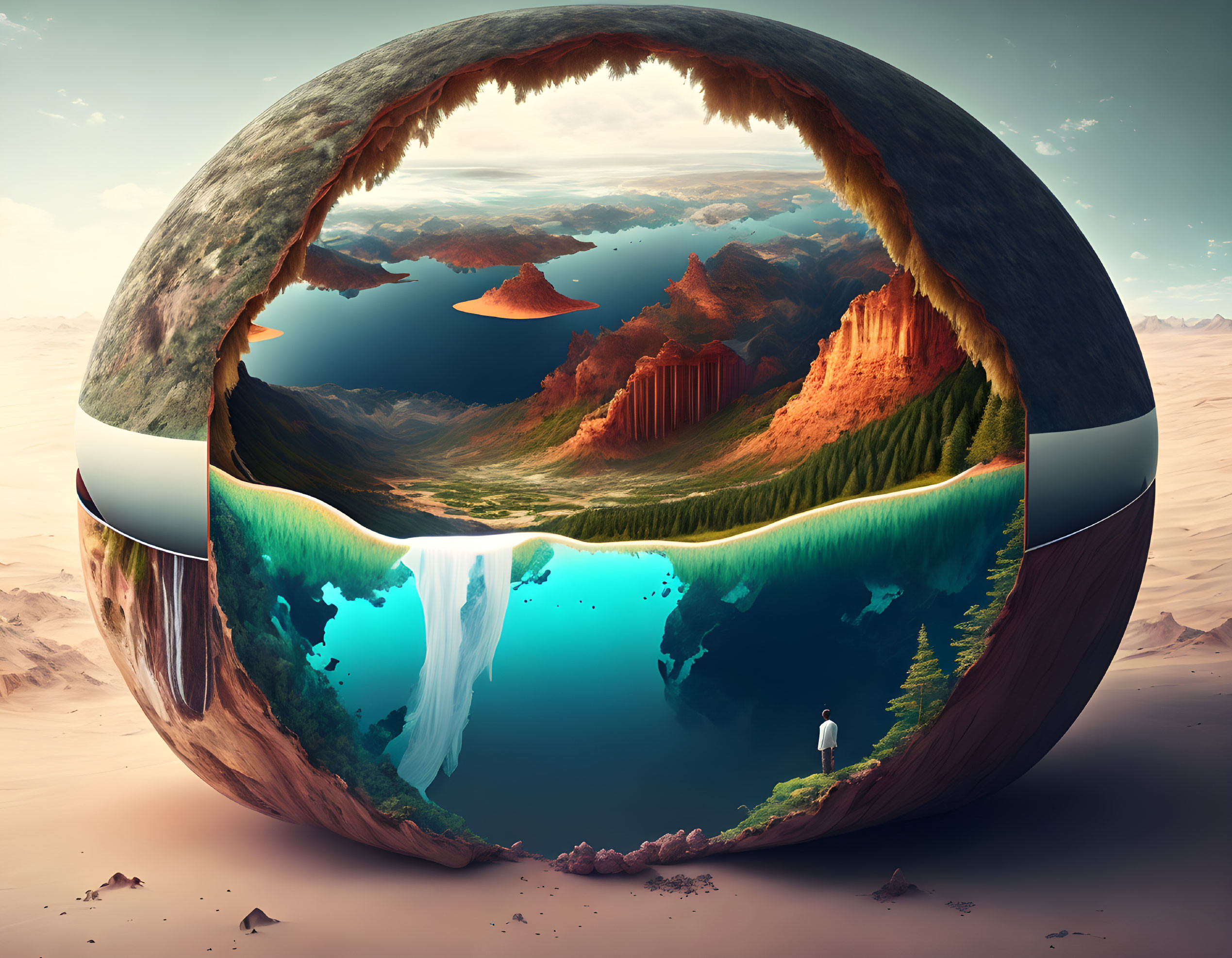 Surreal circular landscape with inverted world, mountains, waterfall, figure by lake