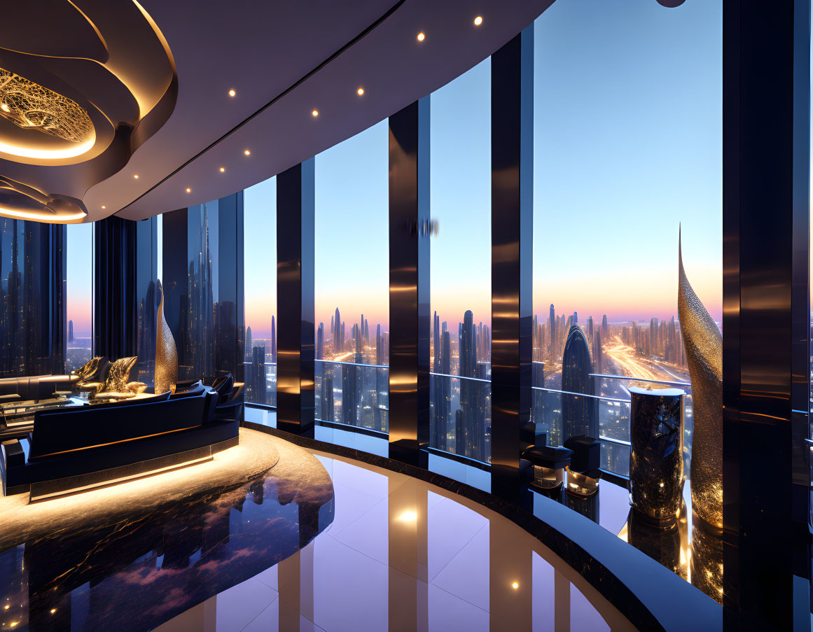 Modern high-rise interior with panoramic cityscape view at sunset, showcasing elegant design and reflective marble floors.