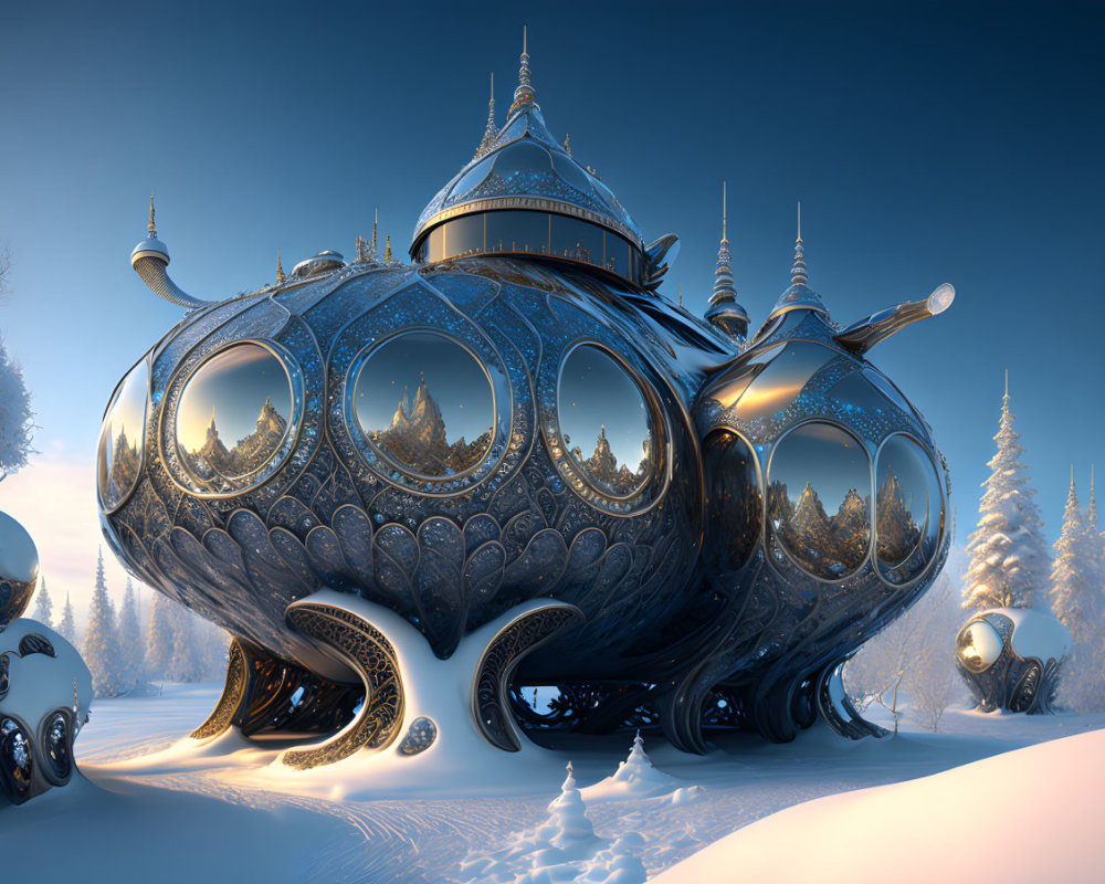 Futuristic structure with dome-like protrusions in snowy landscape