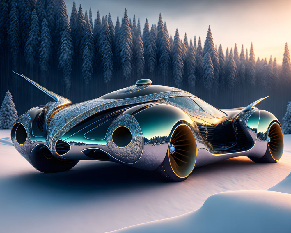 Futuristic car with sleek design in snowy landscape