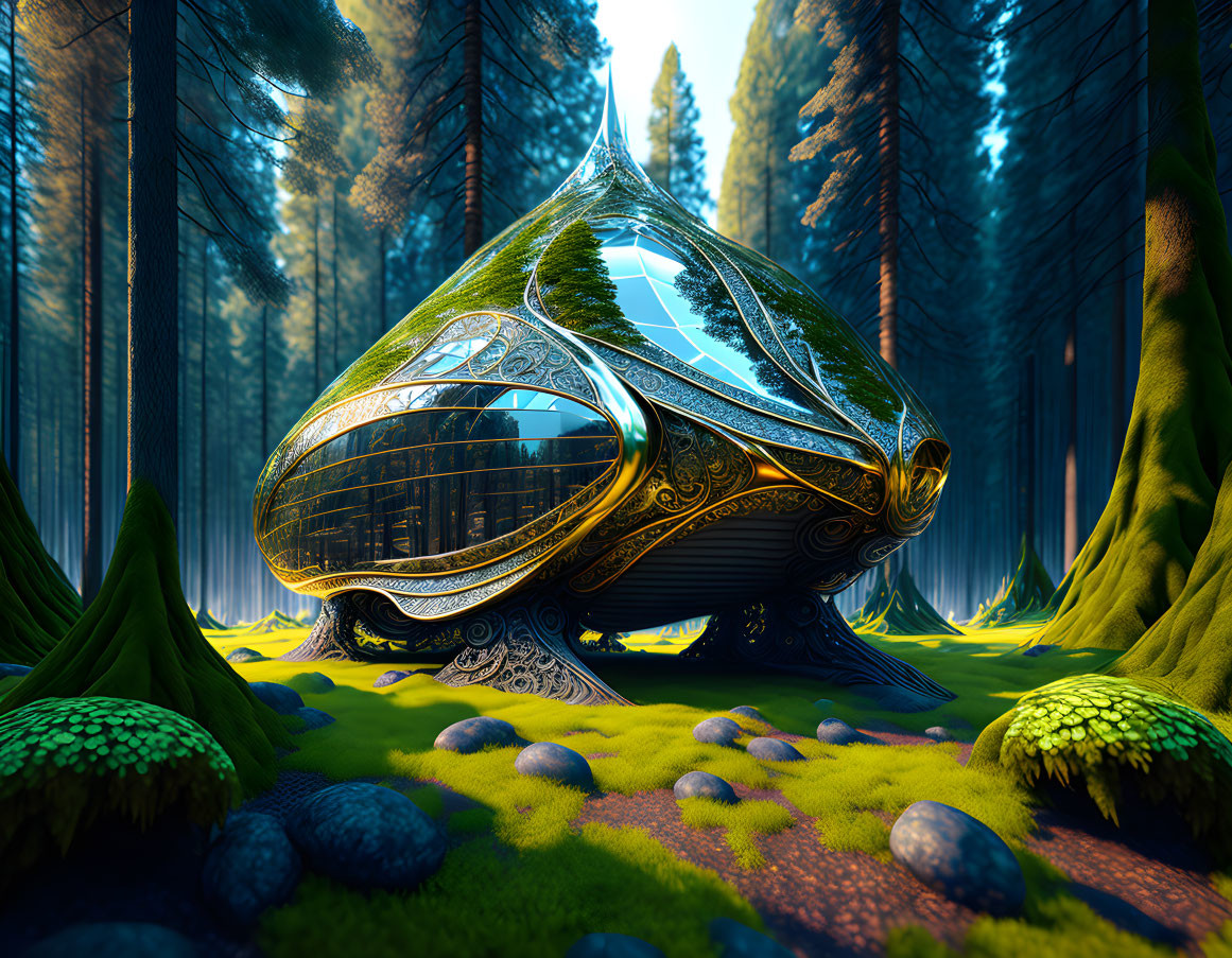 Reflective futuristic structure in forest setting.