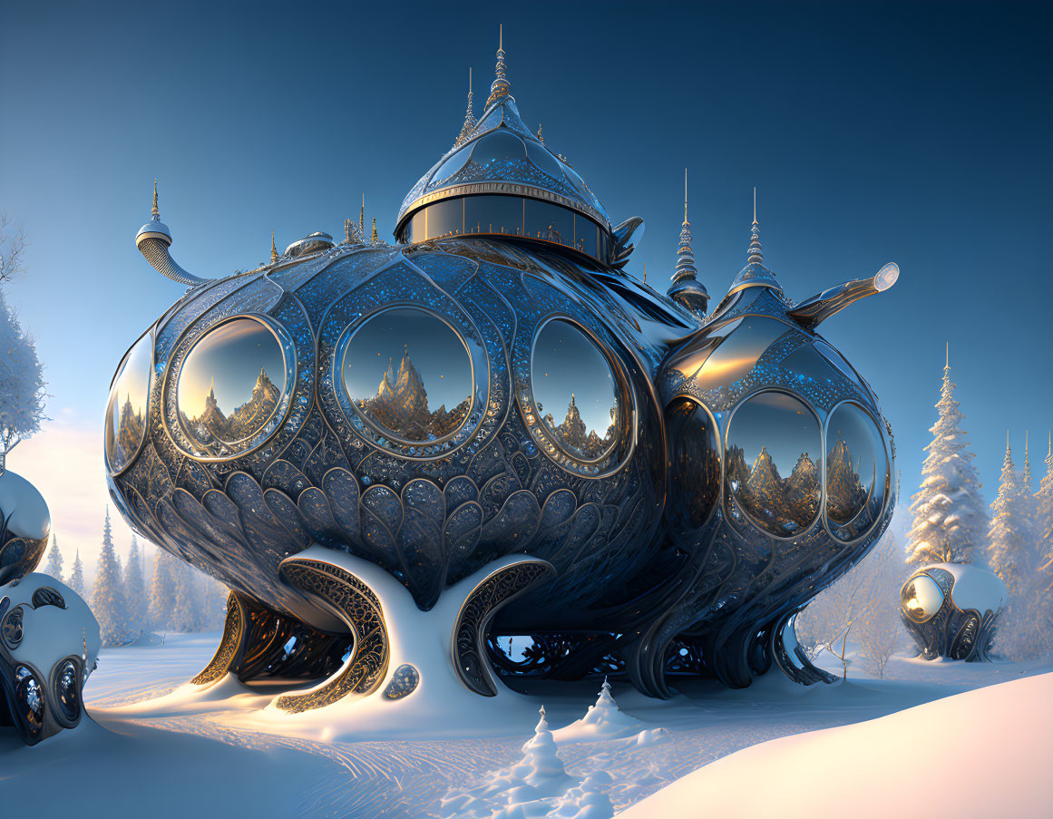 Futuristic structure with dome-like protrusions in snowy landscape