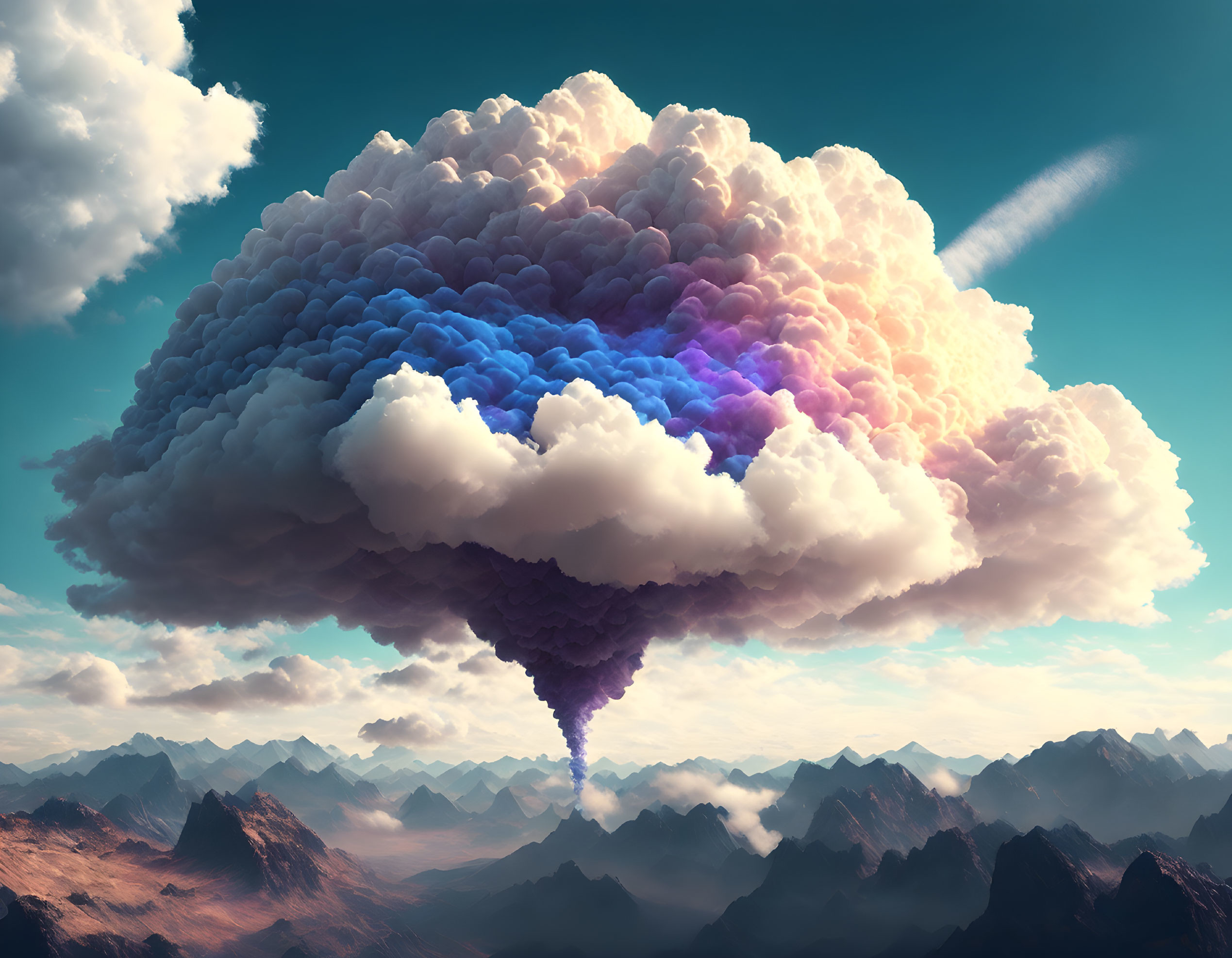 Multicolored cloud formation resembling a brain over rugged mountain landscape