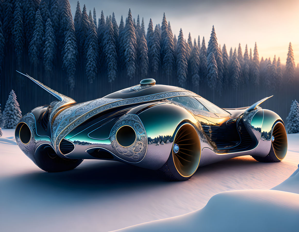 Futuristic car with sleek design in snowy landscape