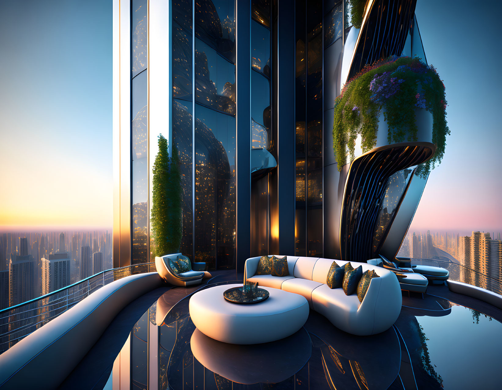 Luxurious balcony with modern furniture overlooking city skyline at sunset