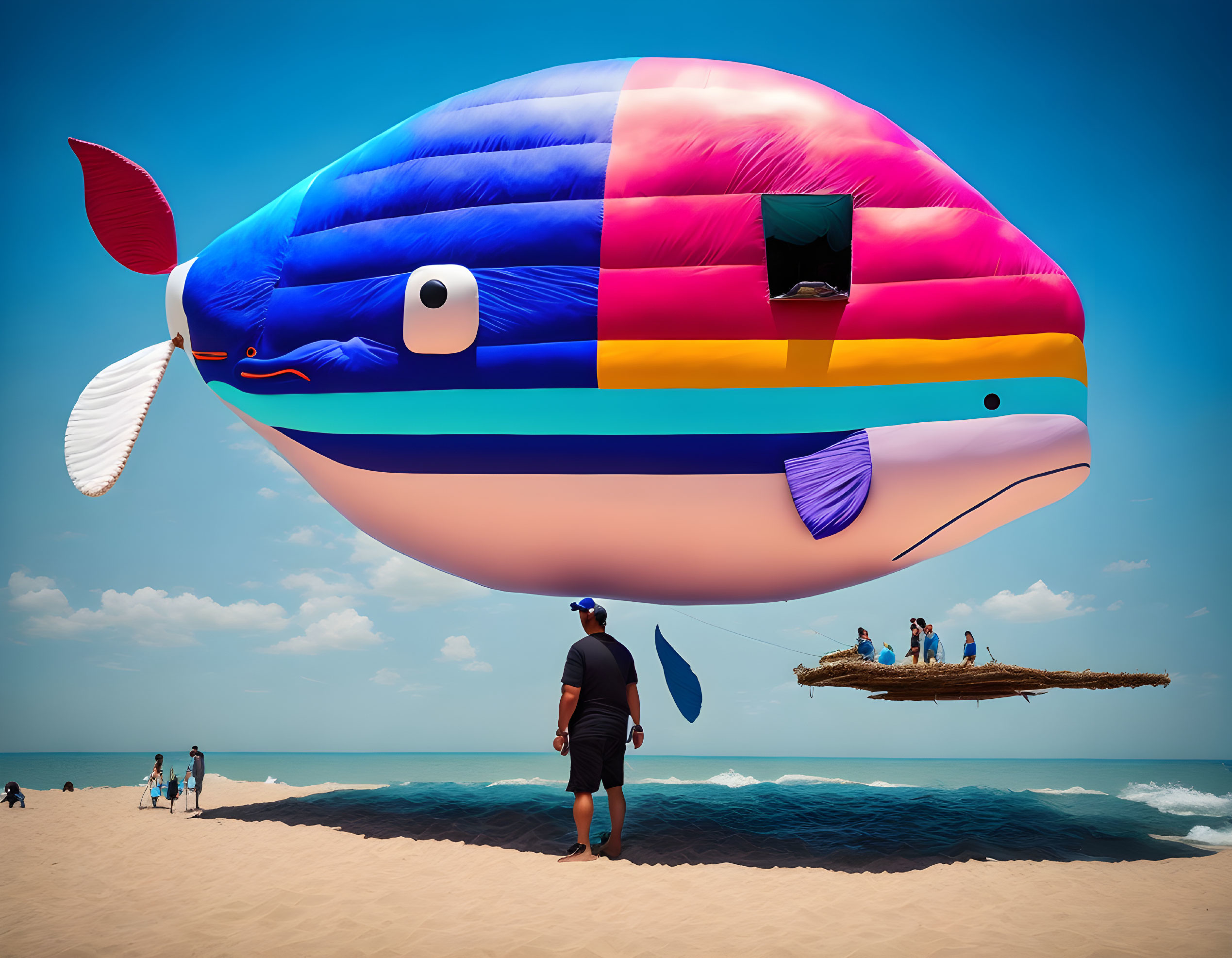 Colorful oversized fish balloon hovers over beach scene