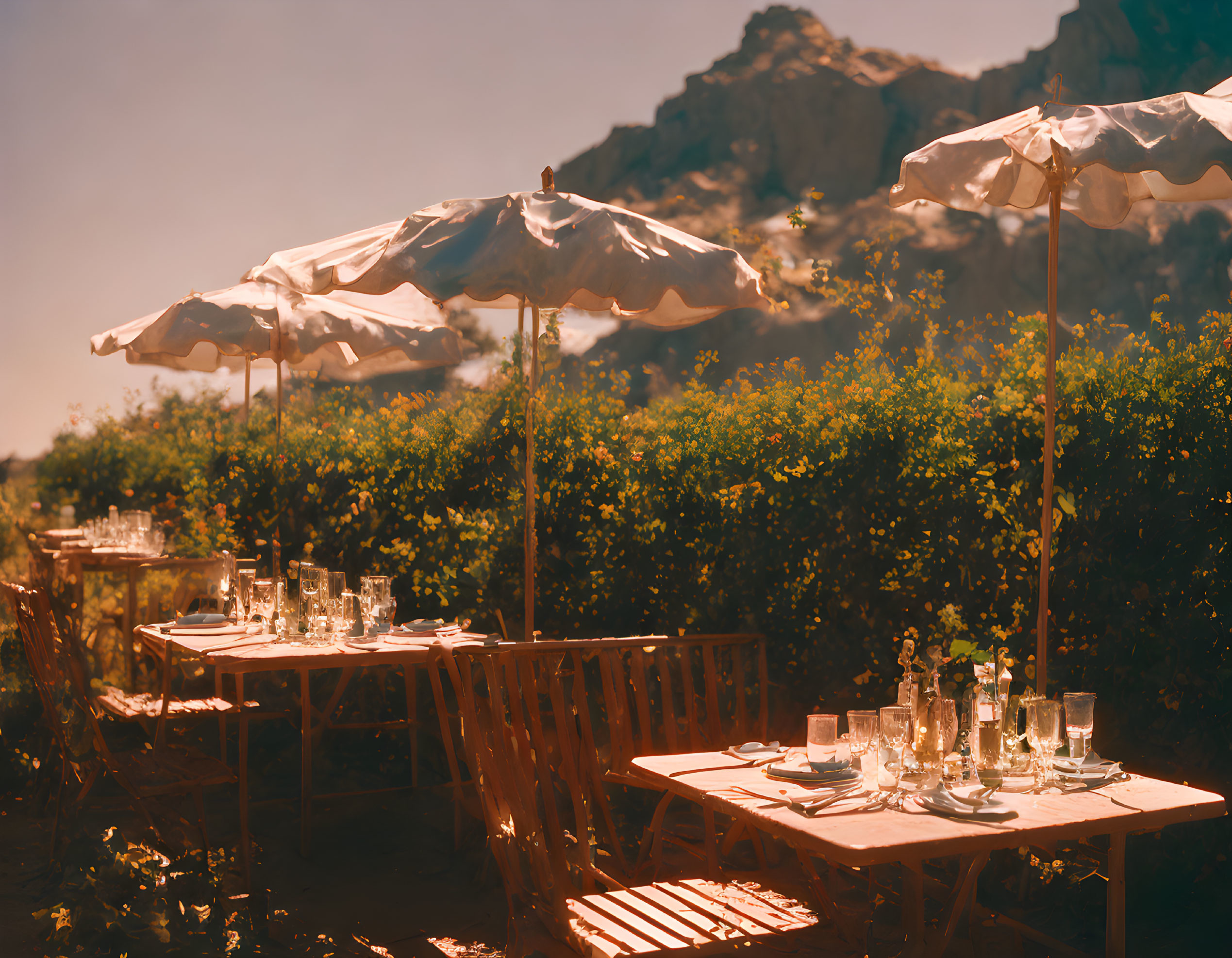 Wooden tables, glasses, and white umbrellas in outdoor dining setup surrounded by lush greenery and