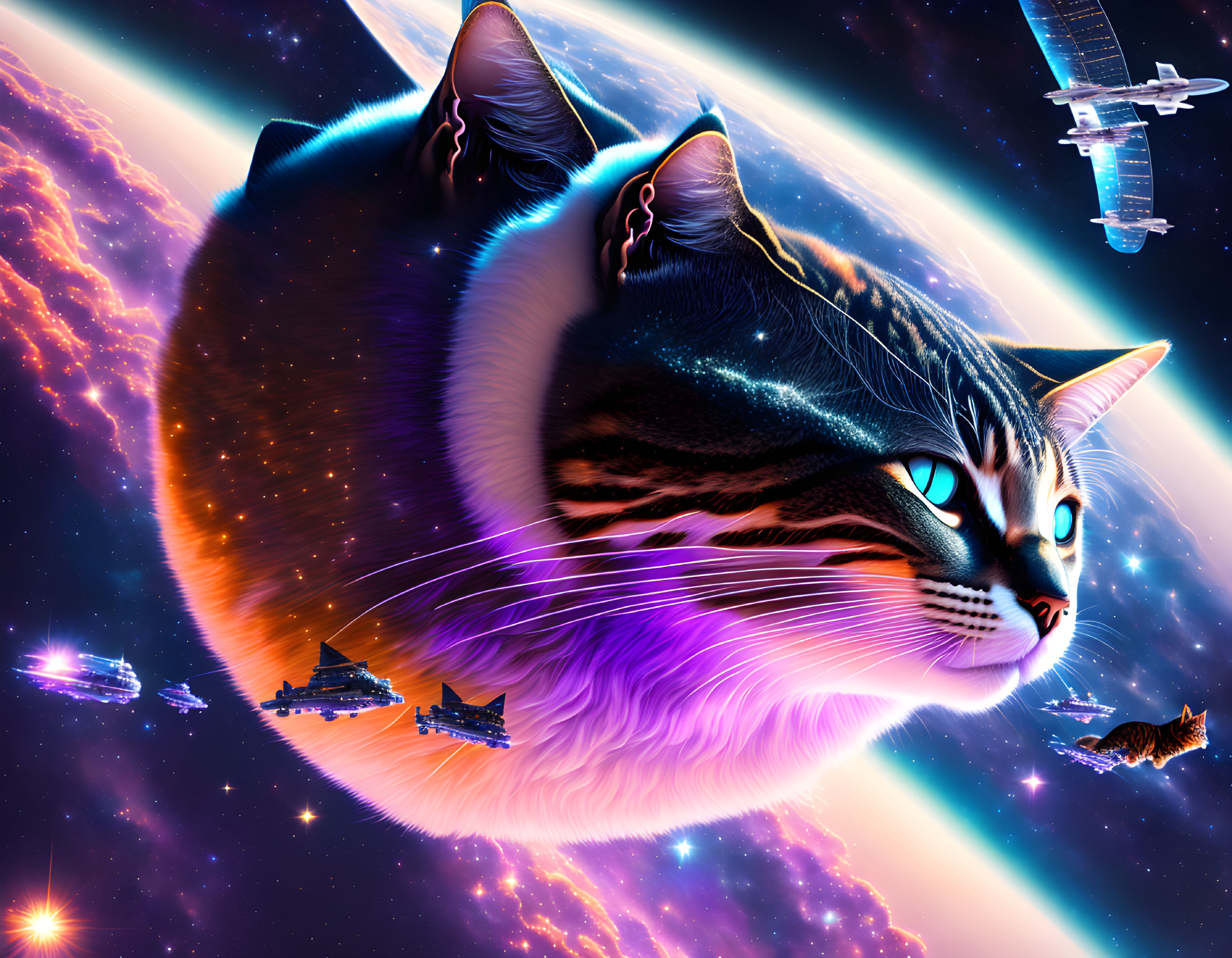 Digital Art: Cosmic Cat in Space with Starships and Galaxies