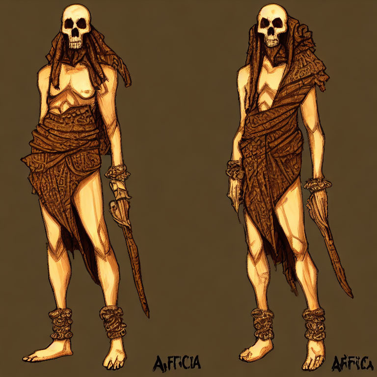 Skeletal Figures in Tribal Attire with Spears Labelled "Africa