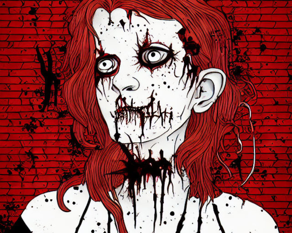 Creepy pale-skinned person with bloodstained face against red brick wall.