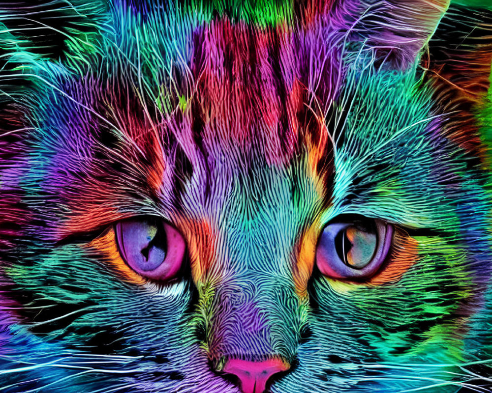 Colorful digital artwork: Close-up of cat's face with neon fur and purple eyes