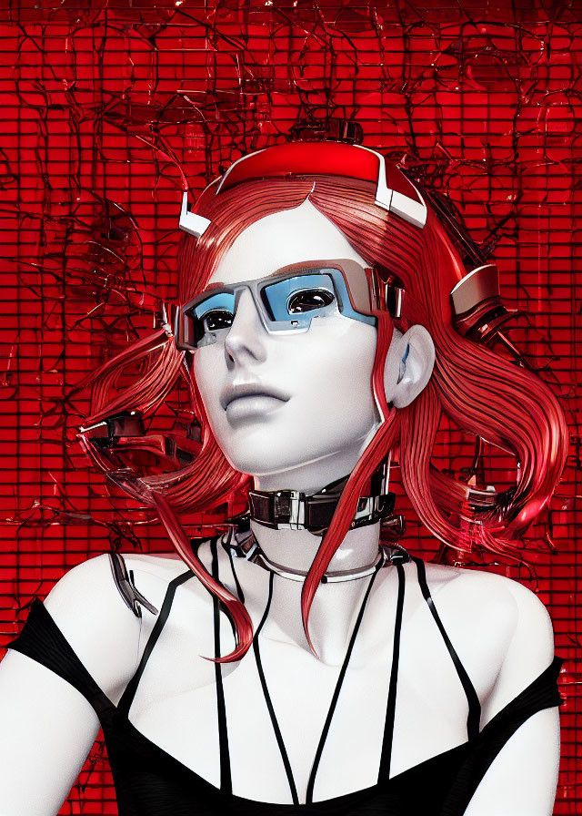 Stylized 3D illustration of female figure with red hair & futuristic glasses on textured red background