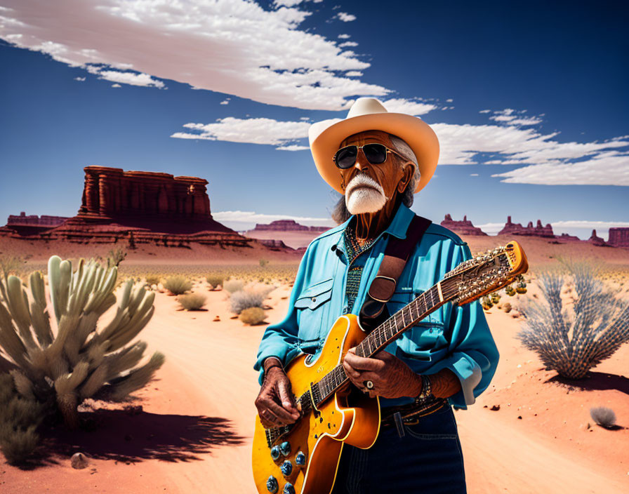 Elderly man with white mustache and guitar in desert landscape