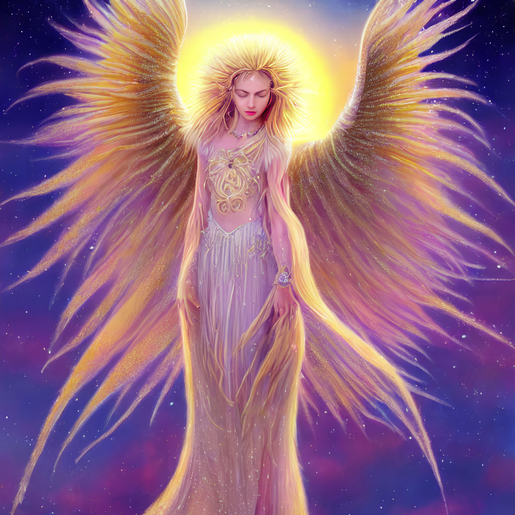 Celestial figure with radiant wings and halo in flowing gown