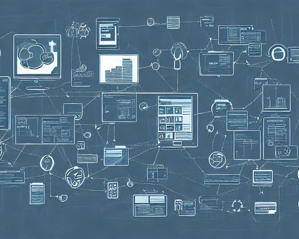 Interconnected Digital Network Infrastructure Sketch on Blue Background