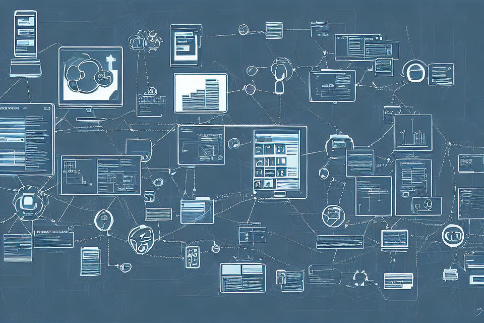 Interconnected Digital Network Infrastructure Sketch on Blue Background