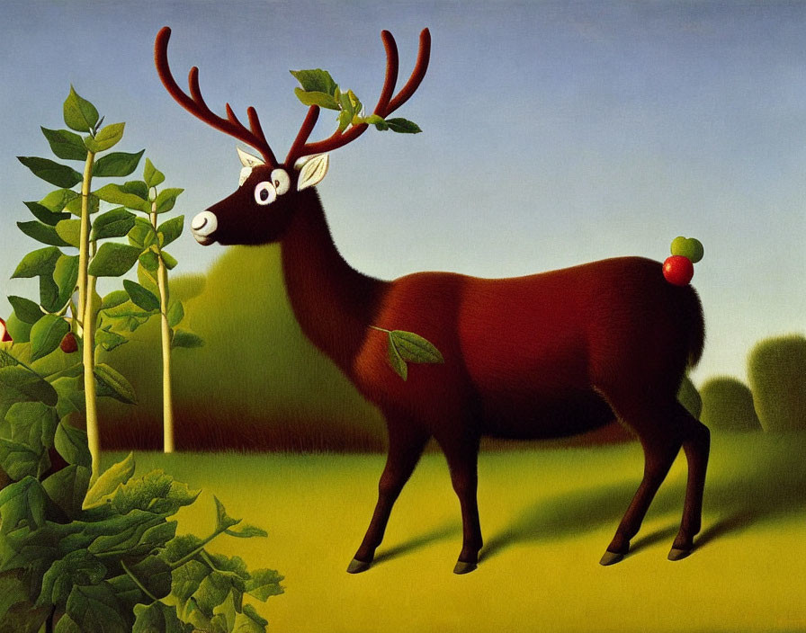 Stylized red deer illustration with exaggerated eyes and green plant on green and blue background