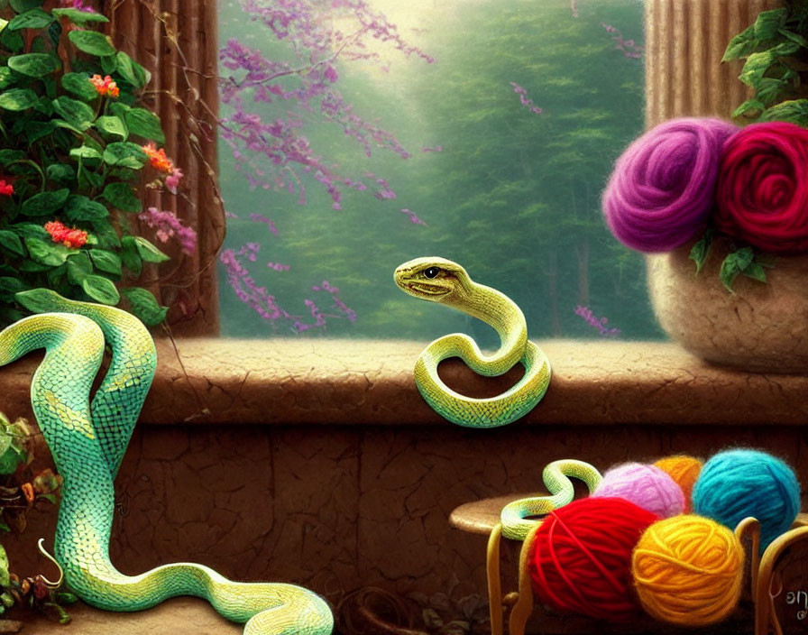 Colorful snake and yarn balls on window sill with forest view