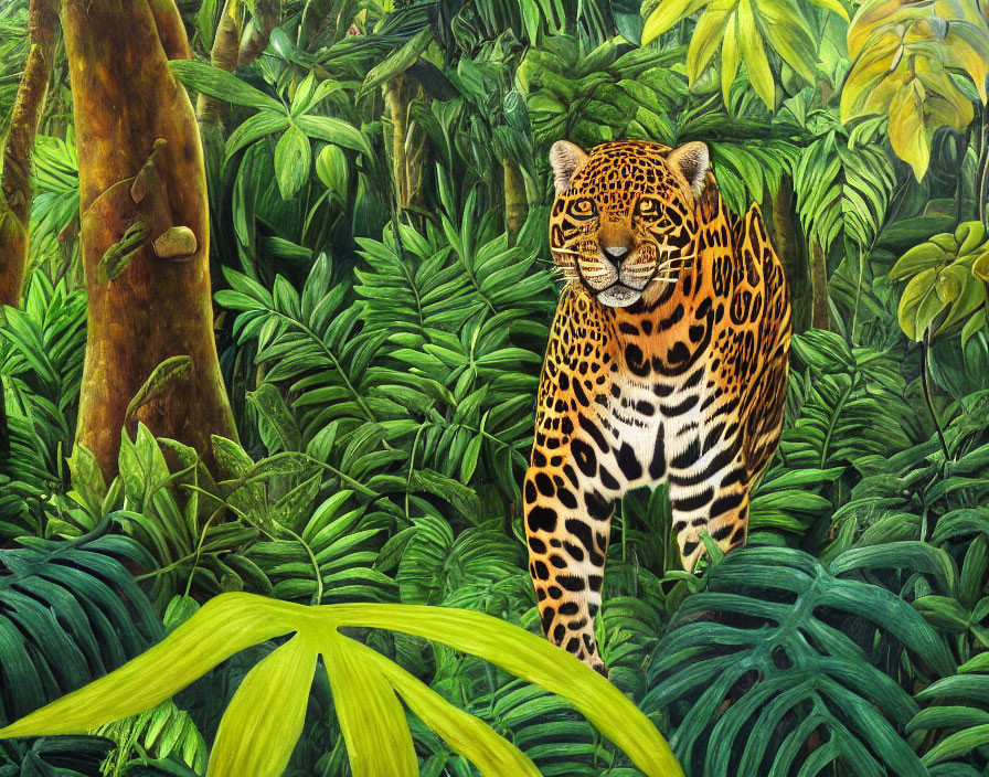 Leopard blending into vibrant green jungle foliage