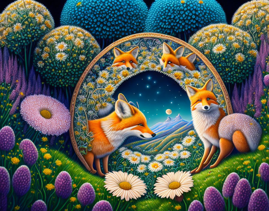 Colorful Foxes and Nature Scene in Circular Frame