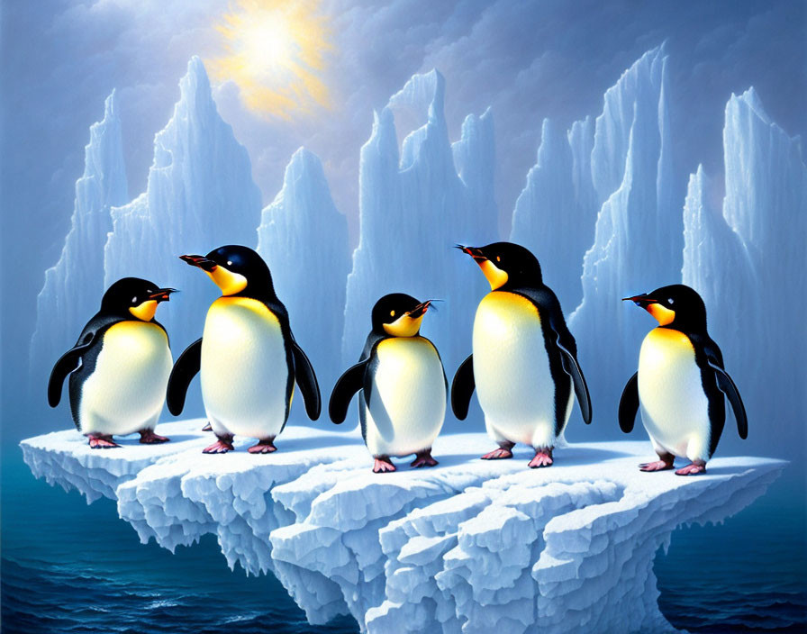 Four penguins on iceberg with towering ice formations under bright sun