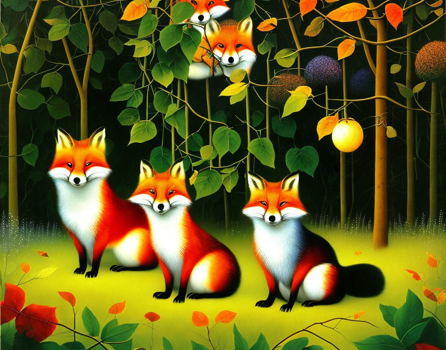 Stylized foxes in vibrant forest with green leaves & colorful fruits