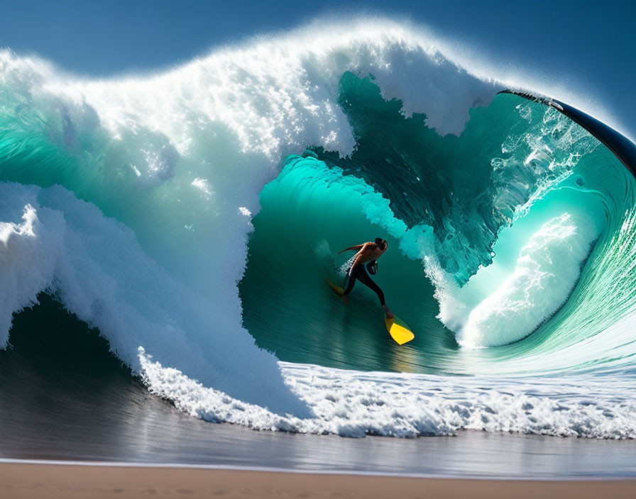 Surfer riding towering turquoise wave with white foam and sunny beach view