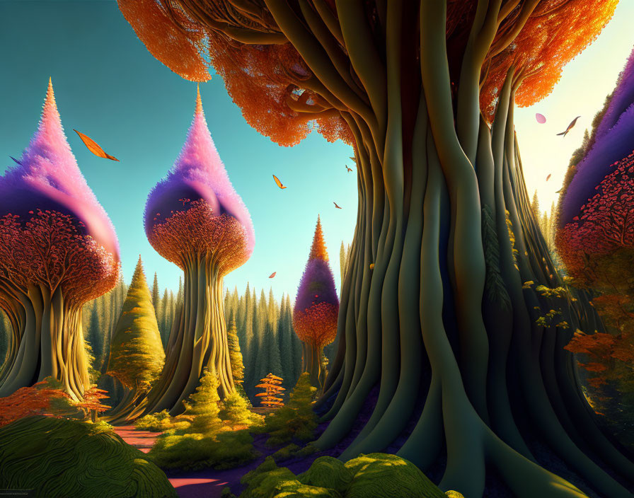 Vibrant forest scene with towering trees and flying creatures