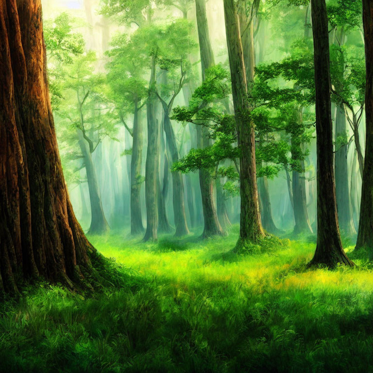 Lush forest landscape with towering trees and sunlight filtering through mist