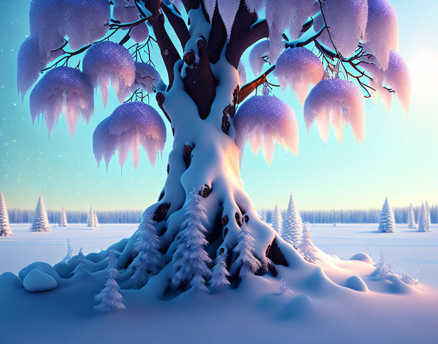 Snow-covered tree with ice-covered branches in serene winter landscape