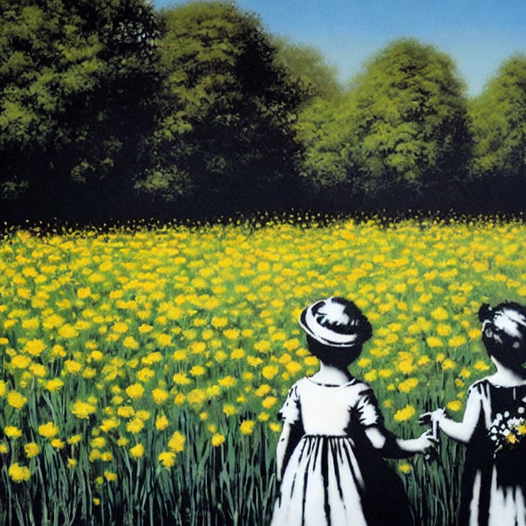 Silhouetted children holding hands in yellow flower field