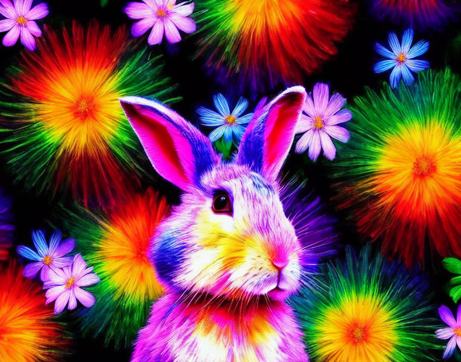 Colorful Rabbit Surrounded by Neon Flowers on Vibrant Background