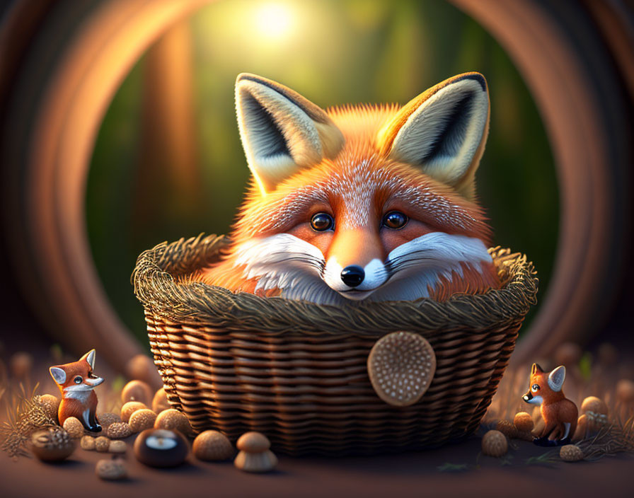 Realistic digital illustration of large fox in basket with acorns in enchanted forest