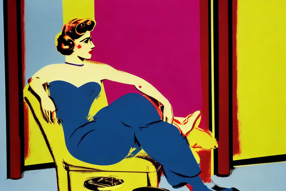 Colorful pop art illustration of woman in blue dress with cat on yellow chair