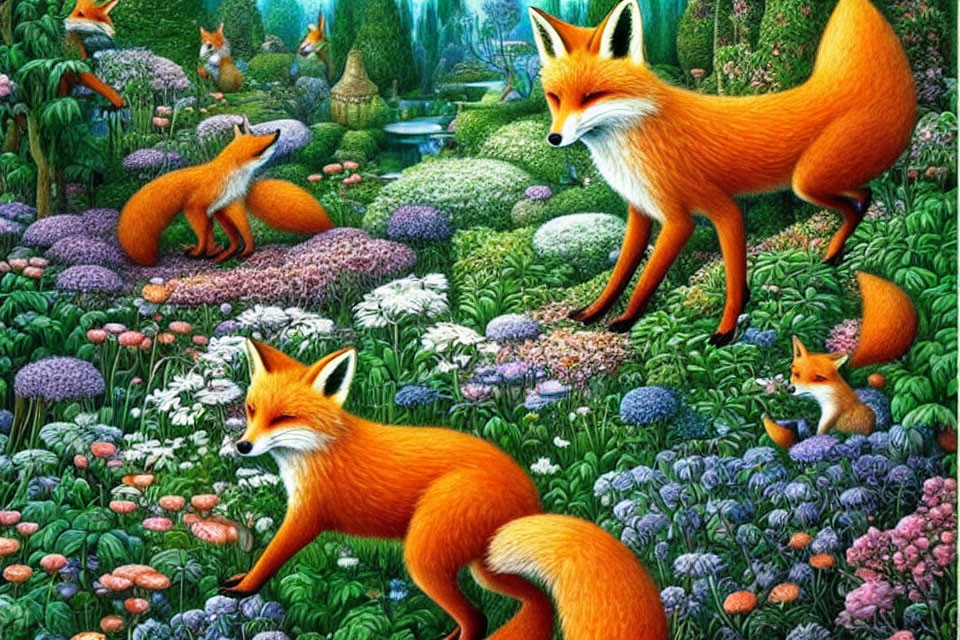 Multiple foxes in vibrant forest scene with colorful flowers