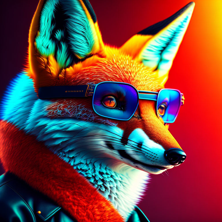 Colorful Fox Illustration in Sunglasses and Leather Jacket on Gradient Background