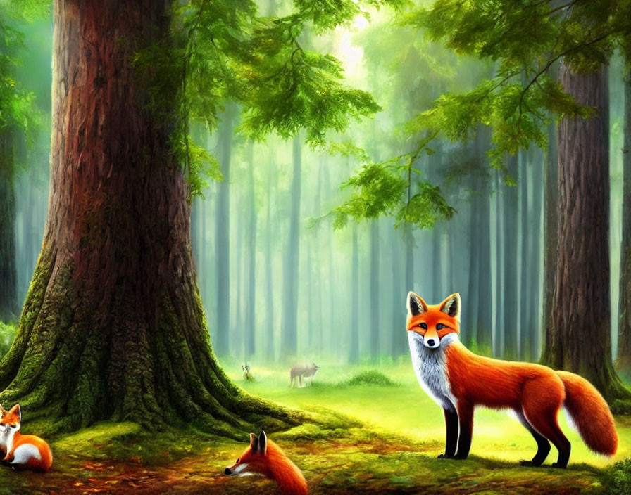 Digital artwork: Mystical forest scene with red foxes & sunlight beams