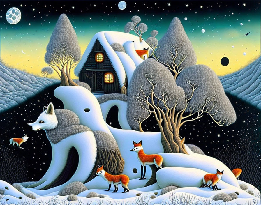 Winter night painting with foxes, cottage, snow hills, stars