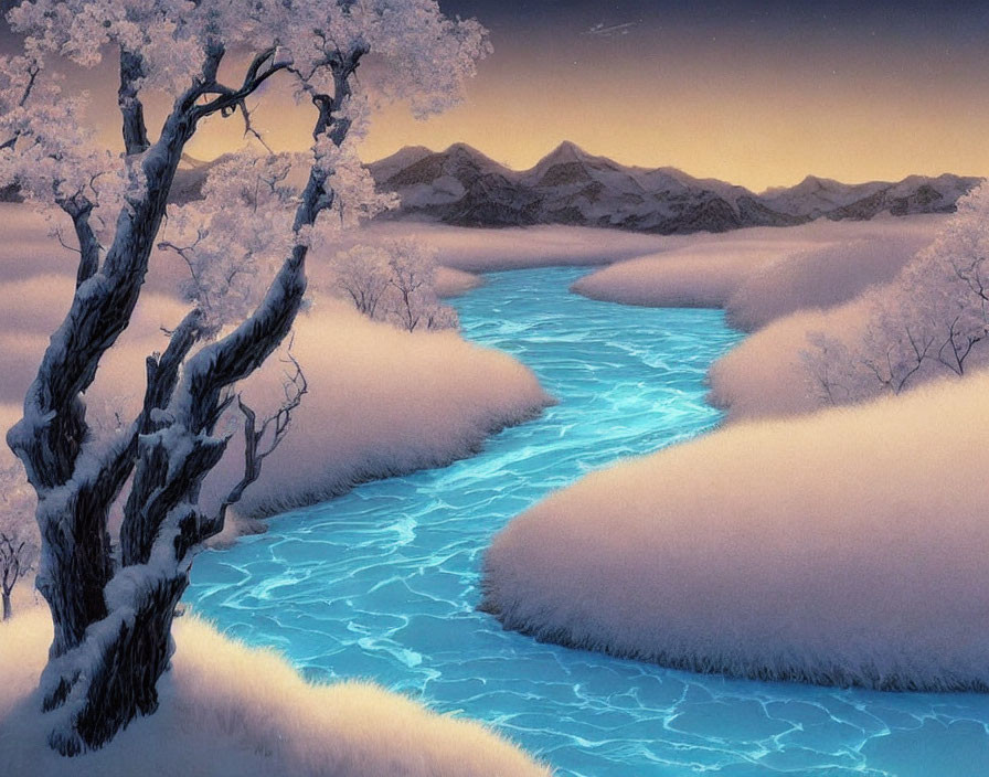 Winter landscape with glowing blue river, snow-covered banks, bare tree, and twilight mountains.