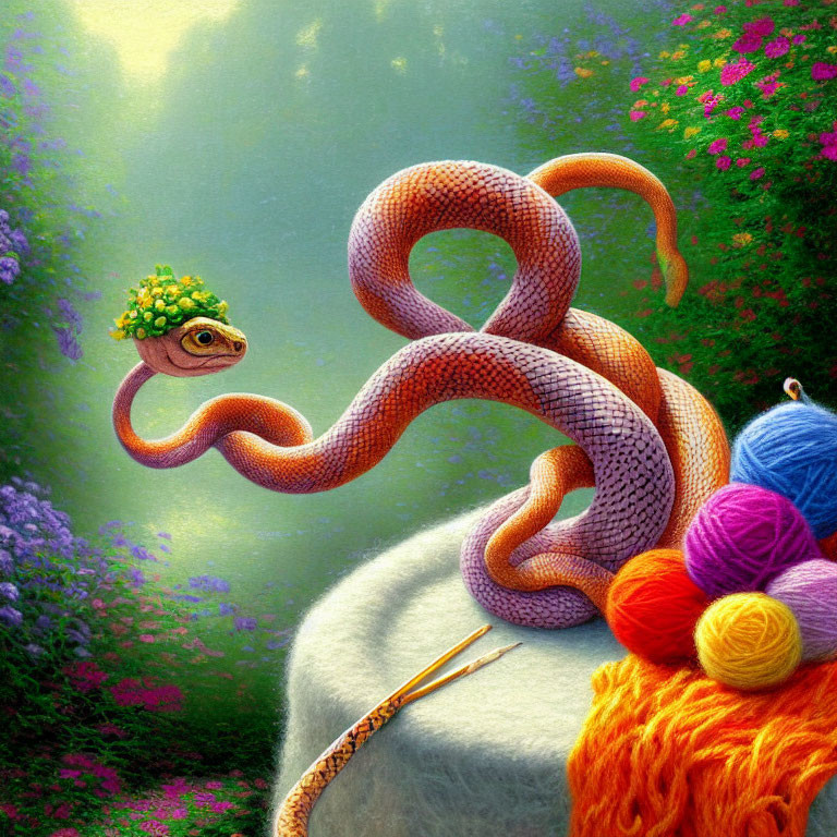 Snake with Flower Hat Slithers Over Sheep and Yarn on Floral Background